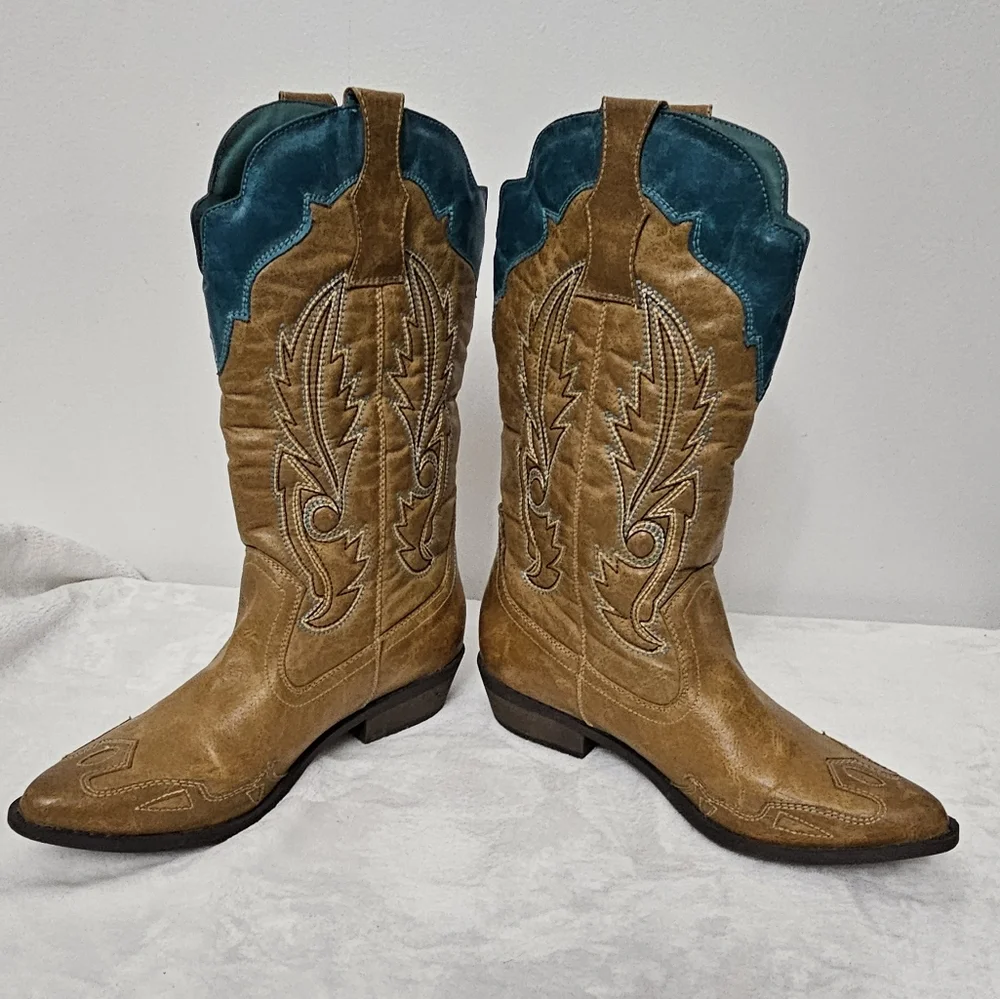 Coconuts by Matisse Cimmaron Teal Tan Color Boho Western Cowgirl Boots - Picture 11 of 16